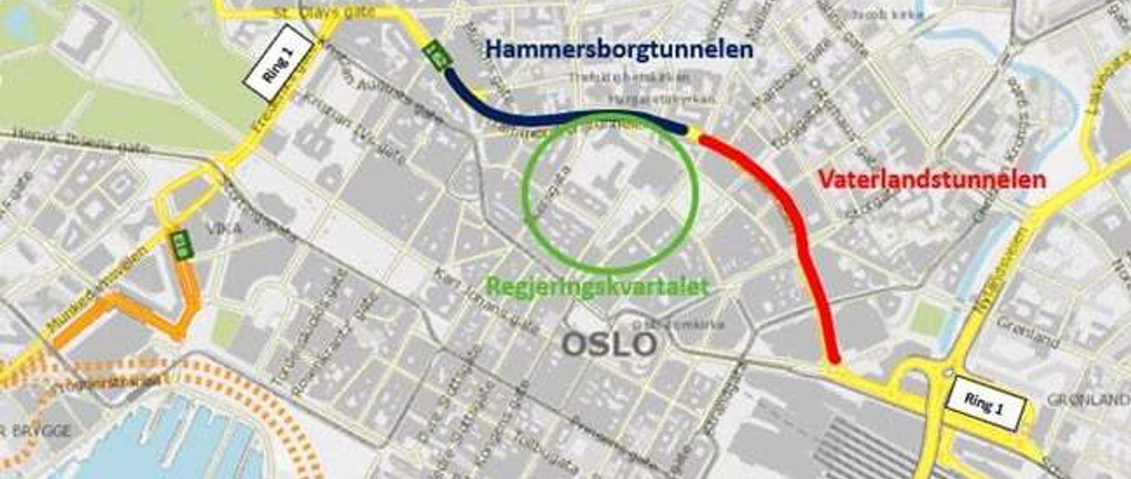 Hammersborgtunnelen og Vaterlandtunnelen i sammenheng med regjeringskvartalet.
