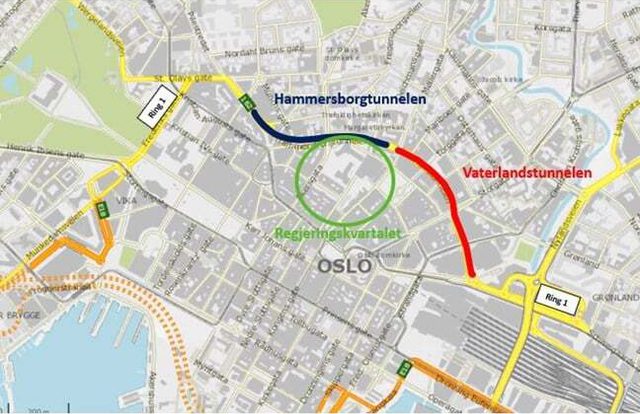 Hammersborgtunnelen og Vaterlandtunnelen i sammenheng med regjeringskvartalet.