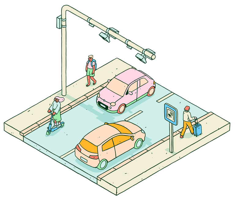 illustrasjon av to biler som kjører igjennom en bomstasjon hvor også en elektrisk sparkesykkel og en fotgjenger er synlig