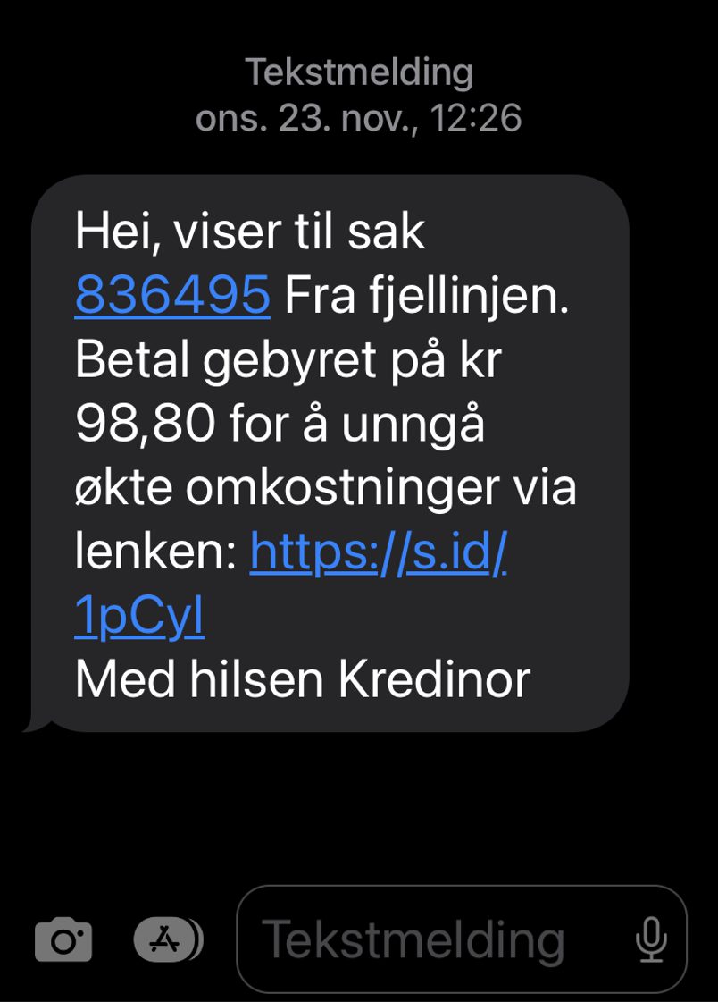 Eksempel på svindel SMS som er sendt ut fra en svindler som utgir seg fra å være fra Kredinor på vegne av Fjellinjen.